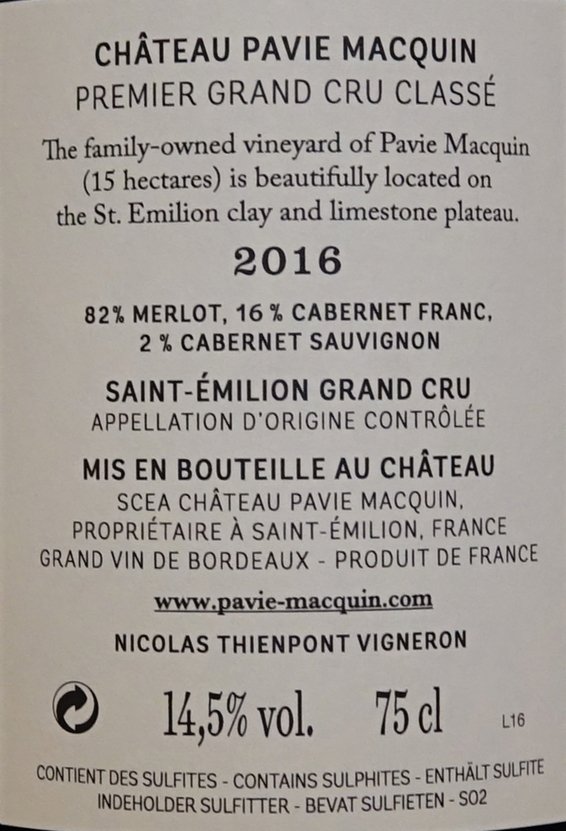 Château Pavie Macquin 2016, 1er Grand Cru Classé B