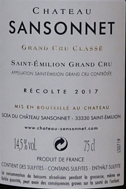 Château Sansonnet 2017, St. Emilion Grand Cru Classé